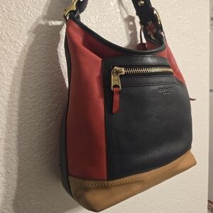 Coach Red, Navy and Tan Leather Colorblock Shoulder Bag
